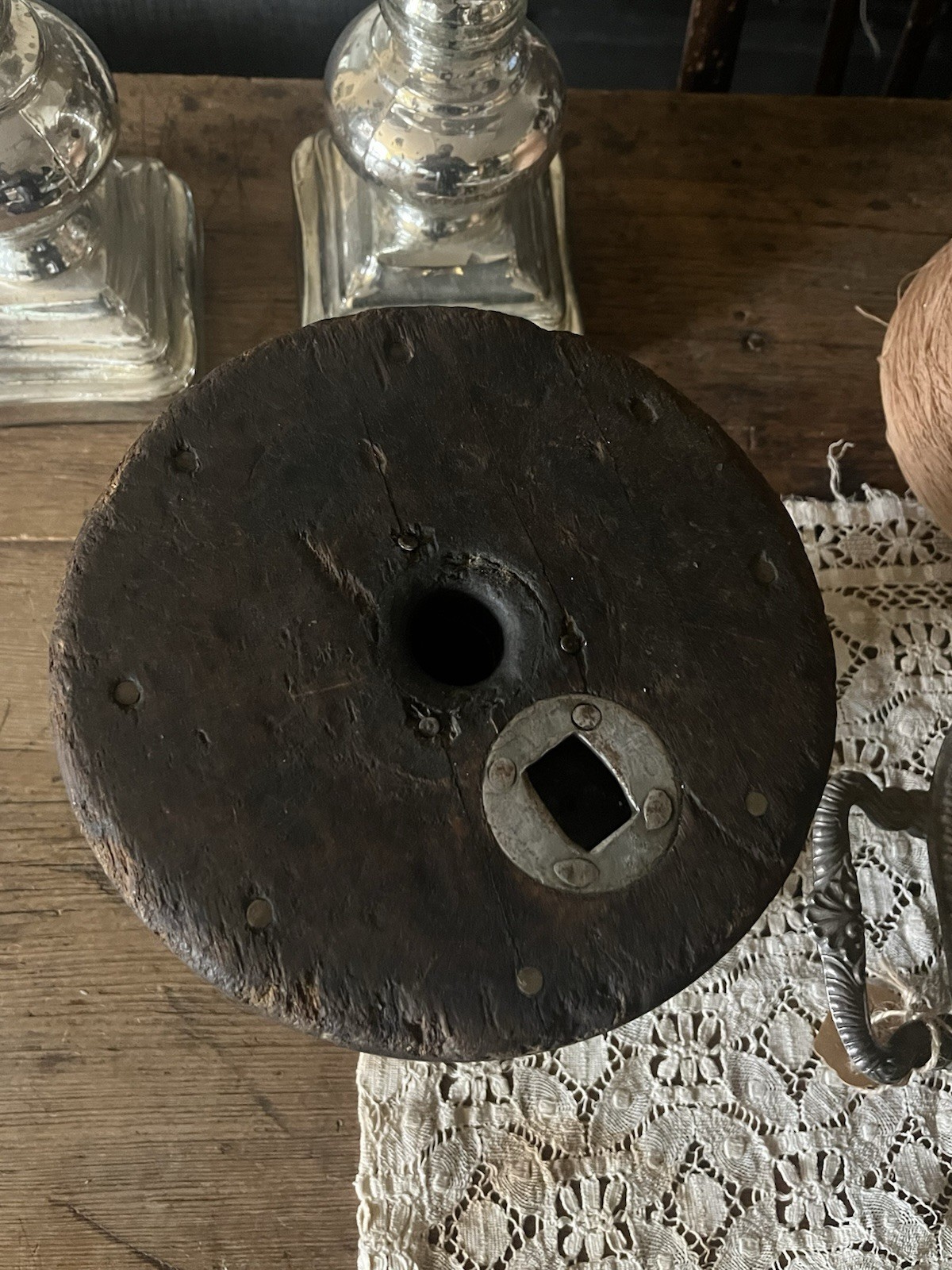 General Store Display DARK Wood Textile Mill Thread Silk Spool Primitive Plinth