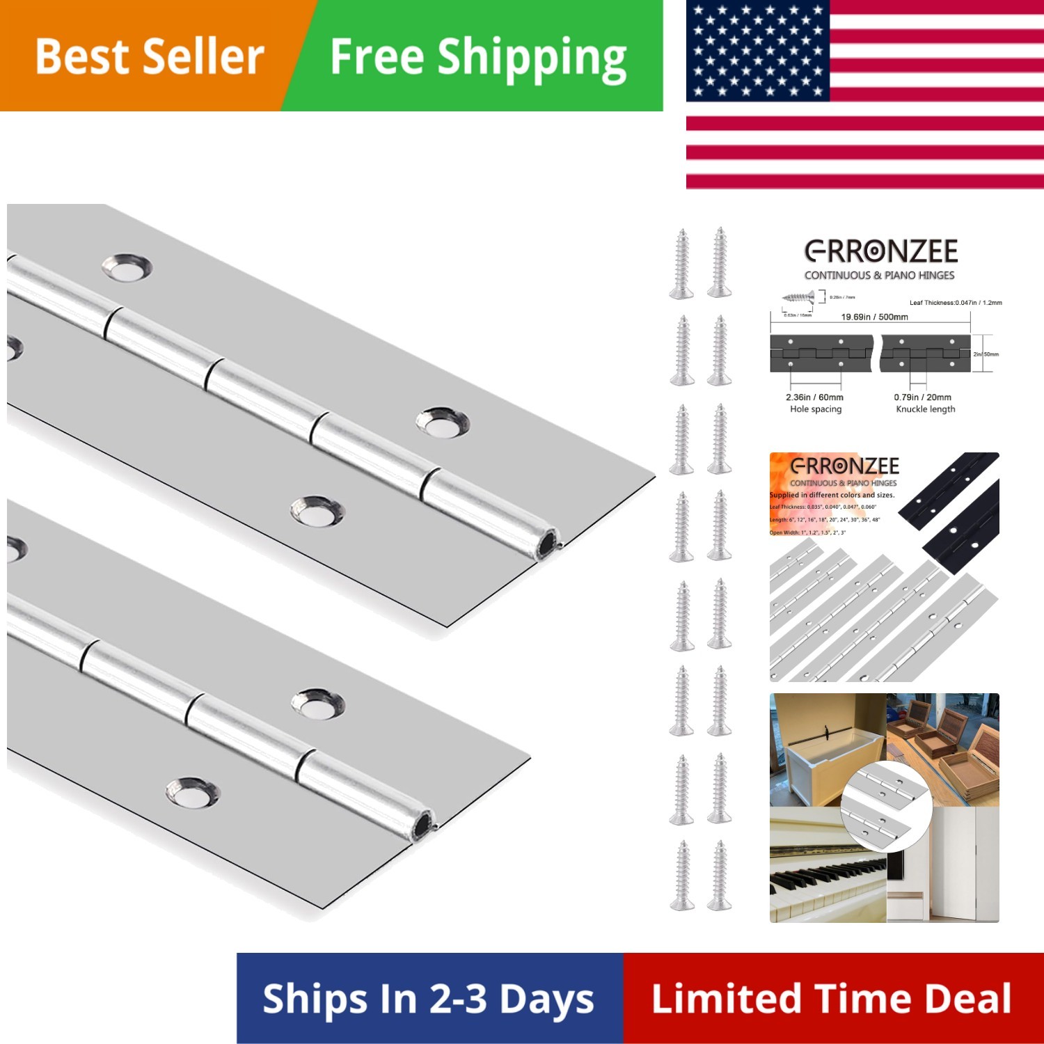 2PCS Heavy Duty Piano Hinge 20 Inch Continuous & Piano Hinges with Screws, St...