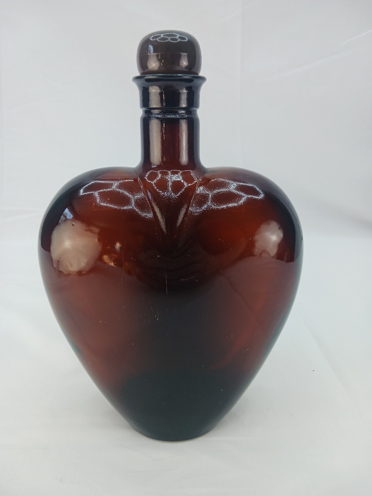 Vintage Paul Masson Amber Brown GLASS HEART Shaped BOTTLE Decanter 7.5" Tall