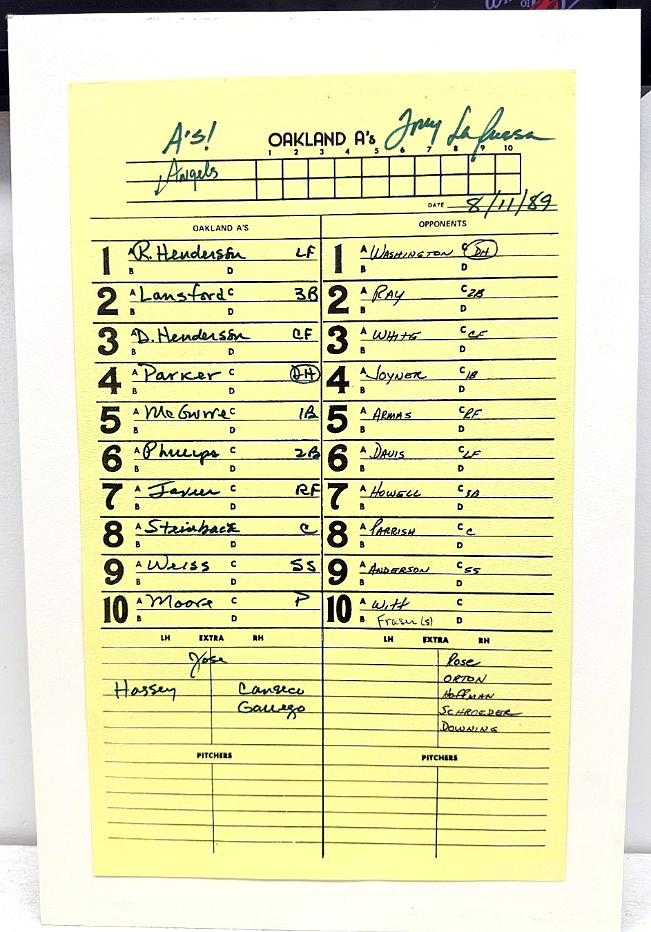 1989 Oakland A's Lineup Card Signed Tony La Russa McGwire Canseco