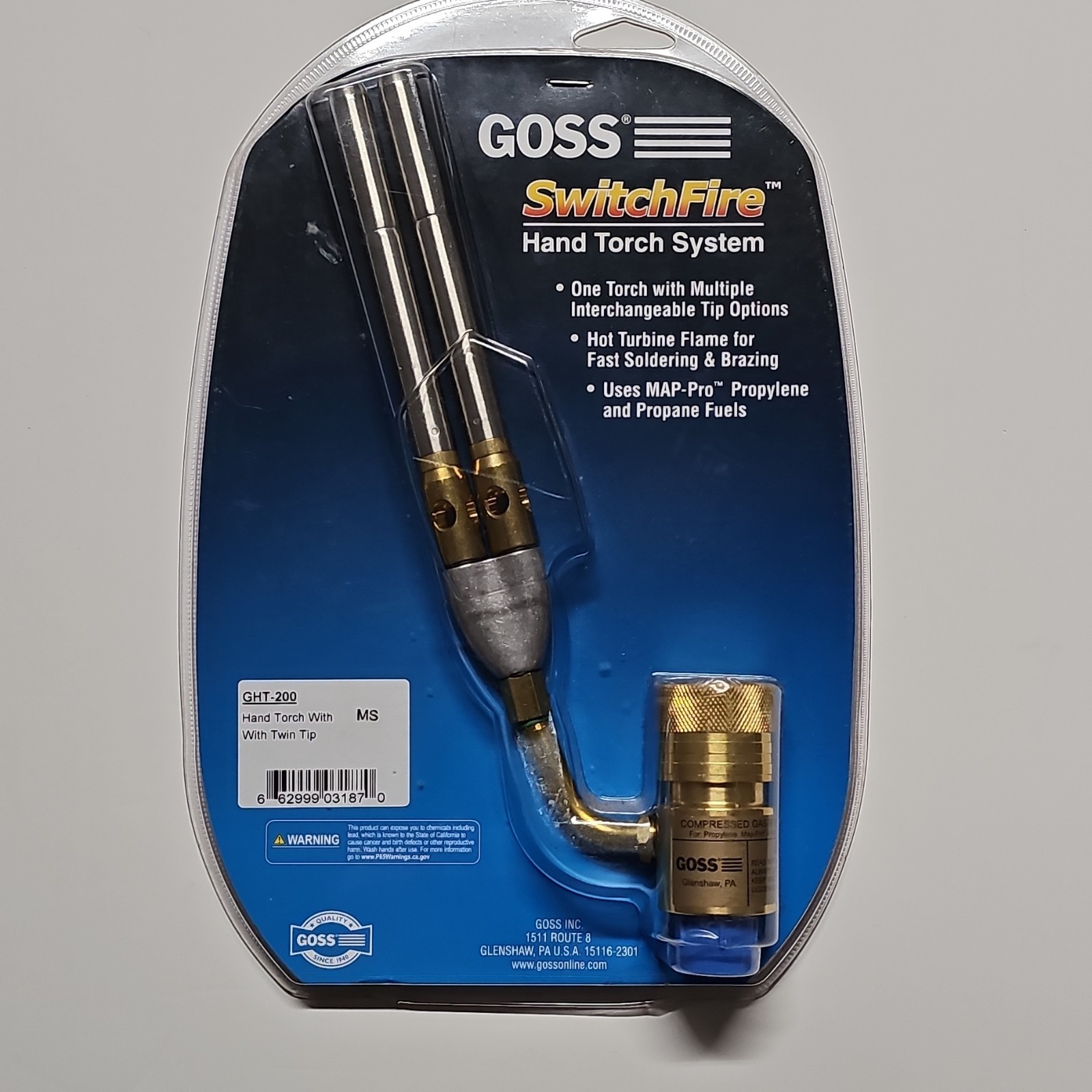 Goss SwitchFire Propane Hand Torch System GHT-200 Twin Tip Swivel MAP PRO