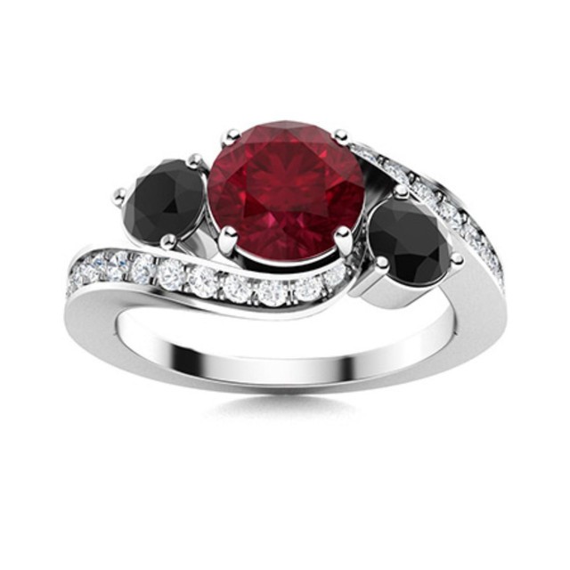 5MM Round Ruby & Black Spinel 925 Sterling Silver Three Stone Women Wedding Ring