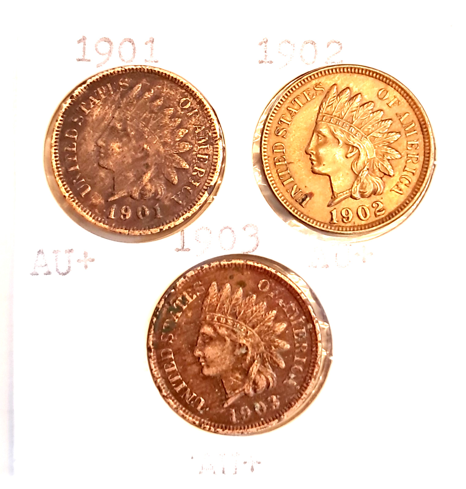 1901,02,03 Indian cents in AU+