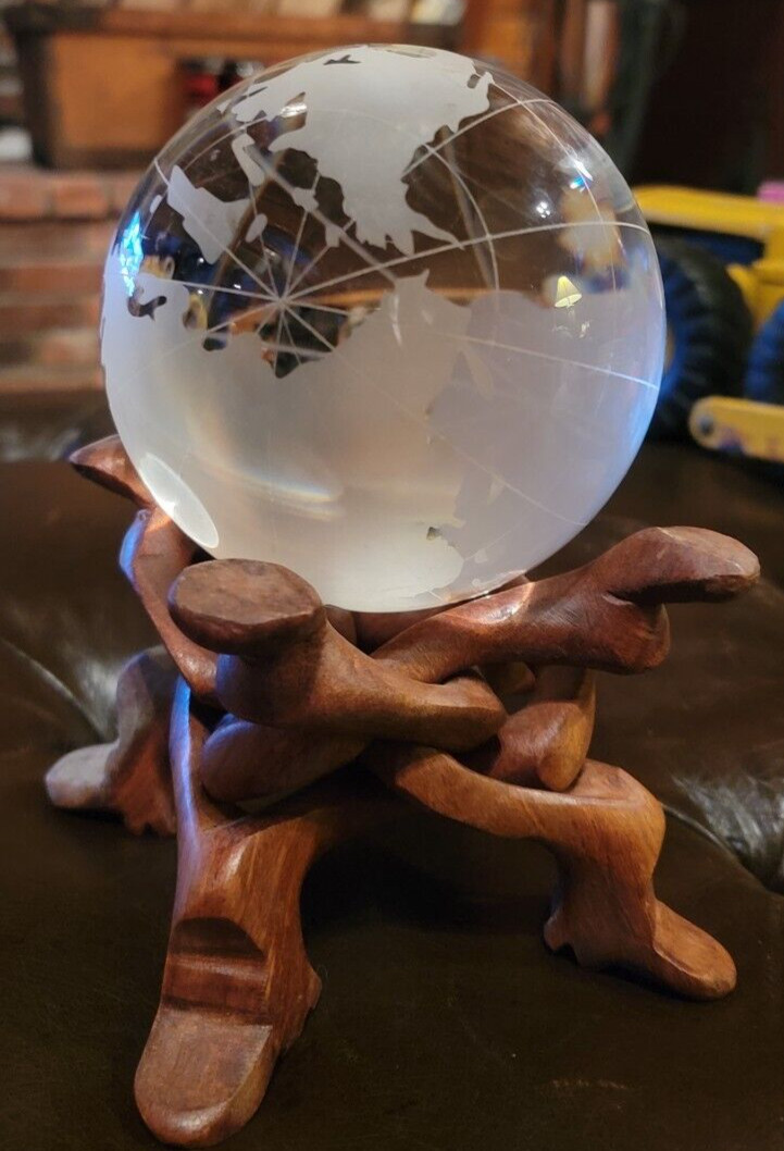 Clear Crystal Glass World Globe Tabletop Decor Wooden Stand Office Display GB69