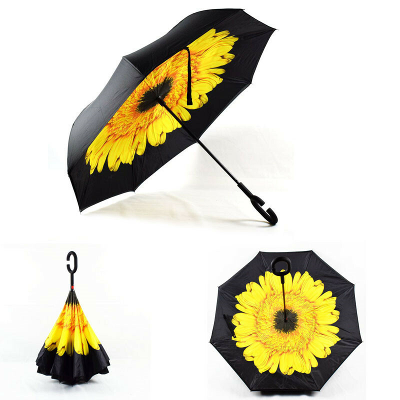 Inverted Reverse,C-Handle Folding Umbrella -Upside Down-Windproof with Carry Bag