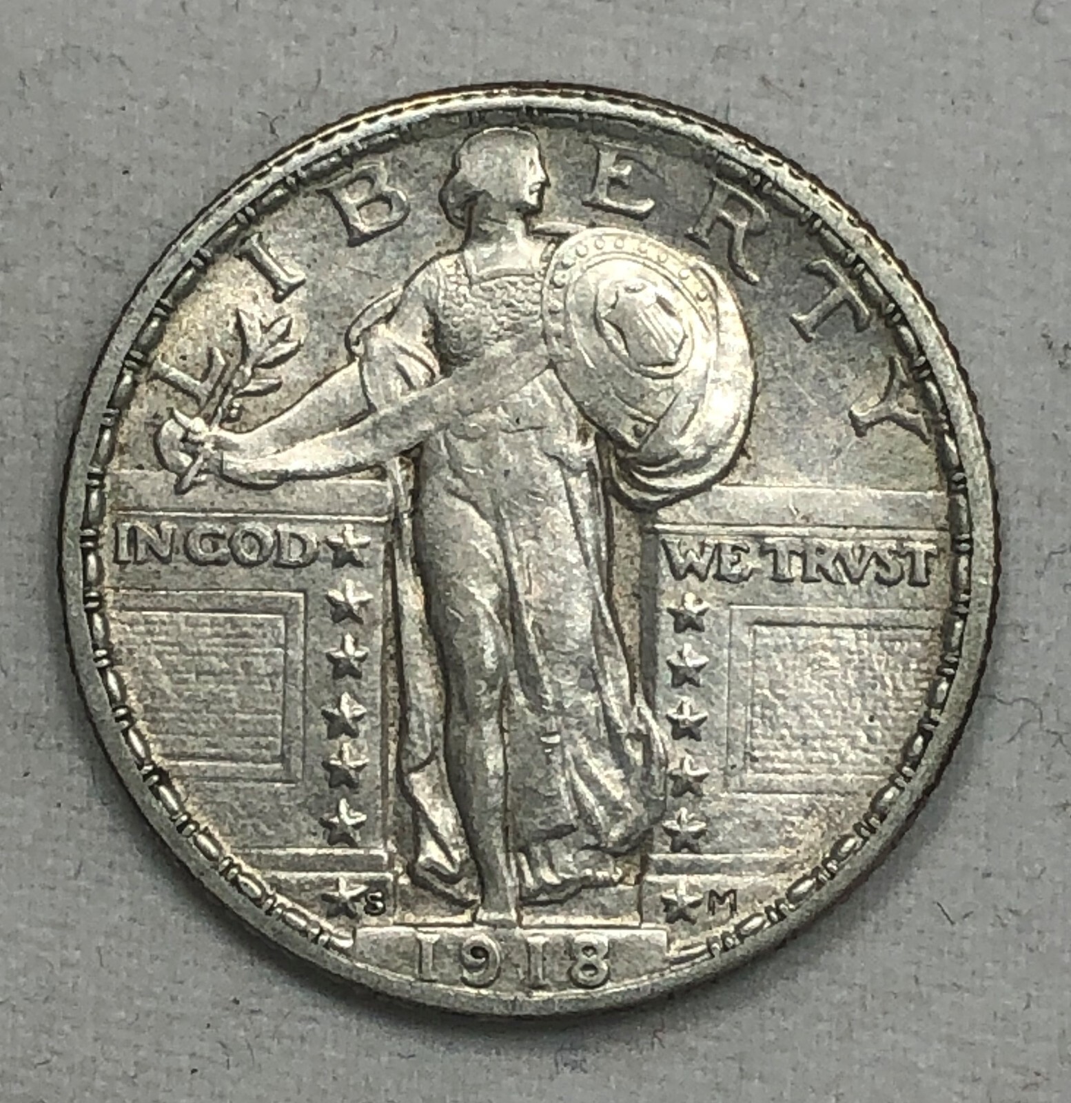 1918-S Standing Liberty Quarter. .25. Almost UNC. Good Luster Original.