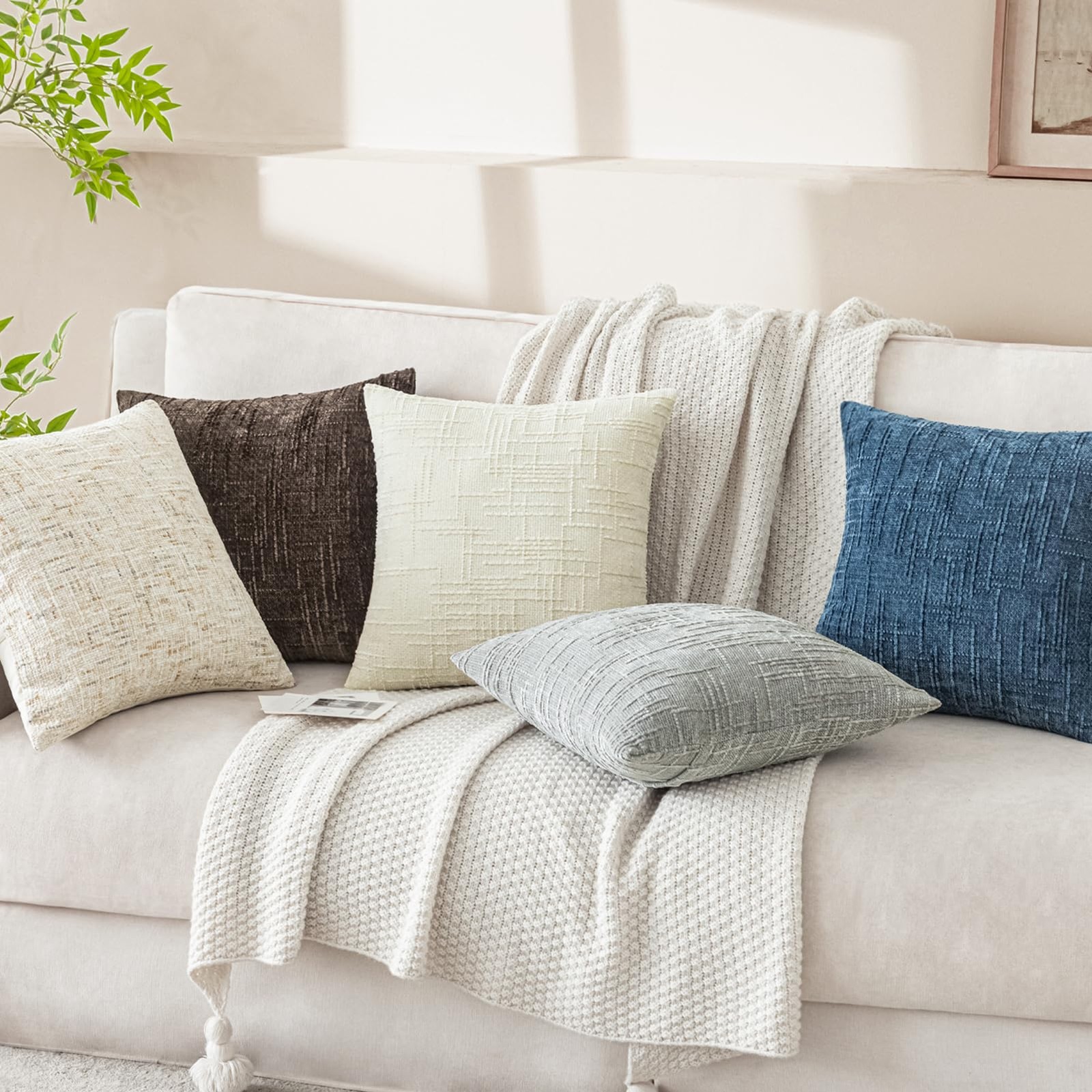 Cream White 20x20 Inch Set of 2 Throw Pillow Covers - Chenille Spring Farmhou...