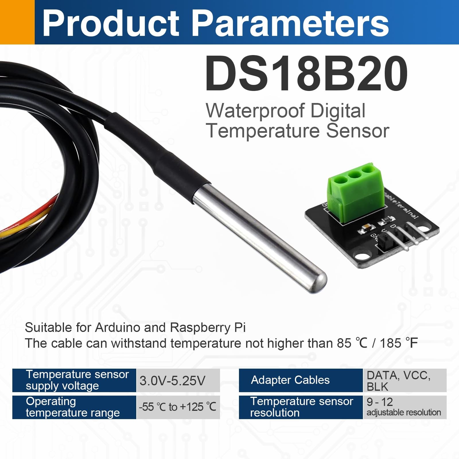 DS18B20 Digital Waterproof Temperature Sensor Probes Plugin Adapter 4Pack