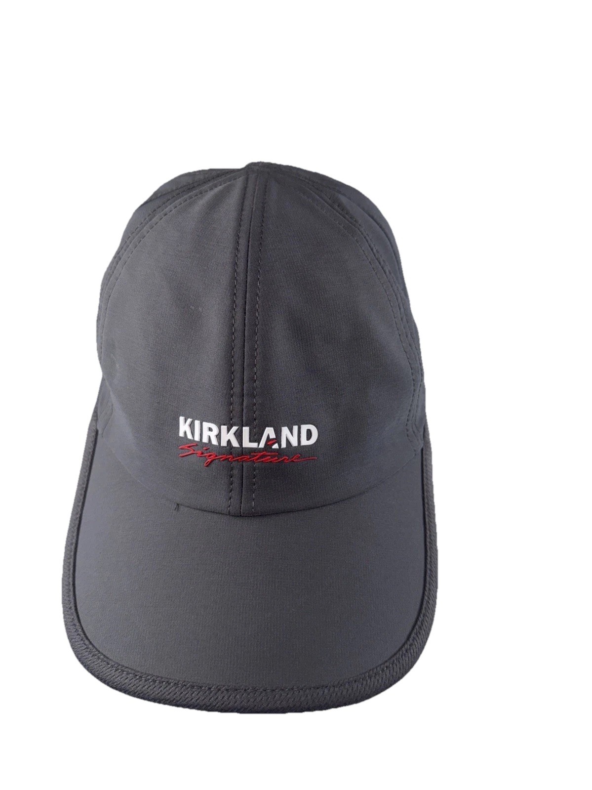 KIRKLAND Signature White and Red on Gray Hat Cap Costco Recycled Poly Hook Loop