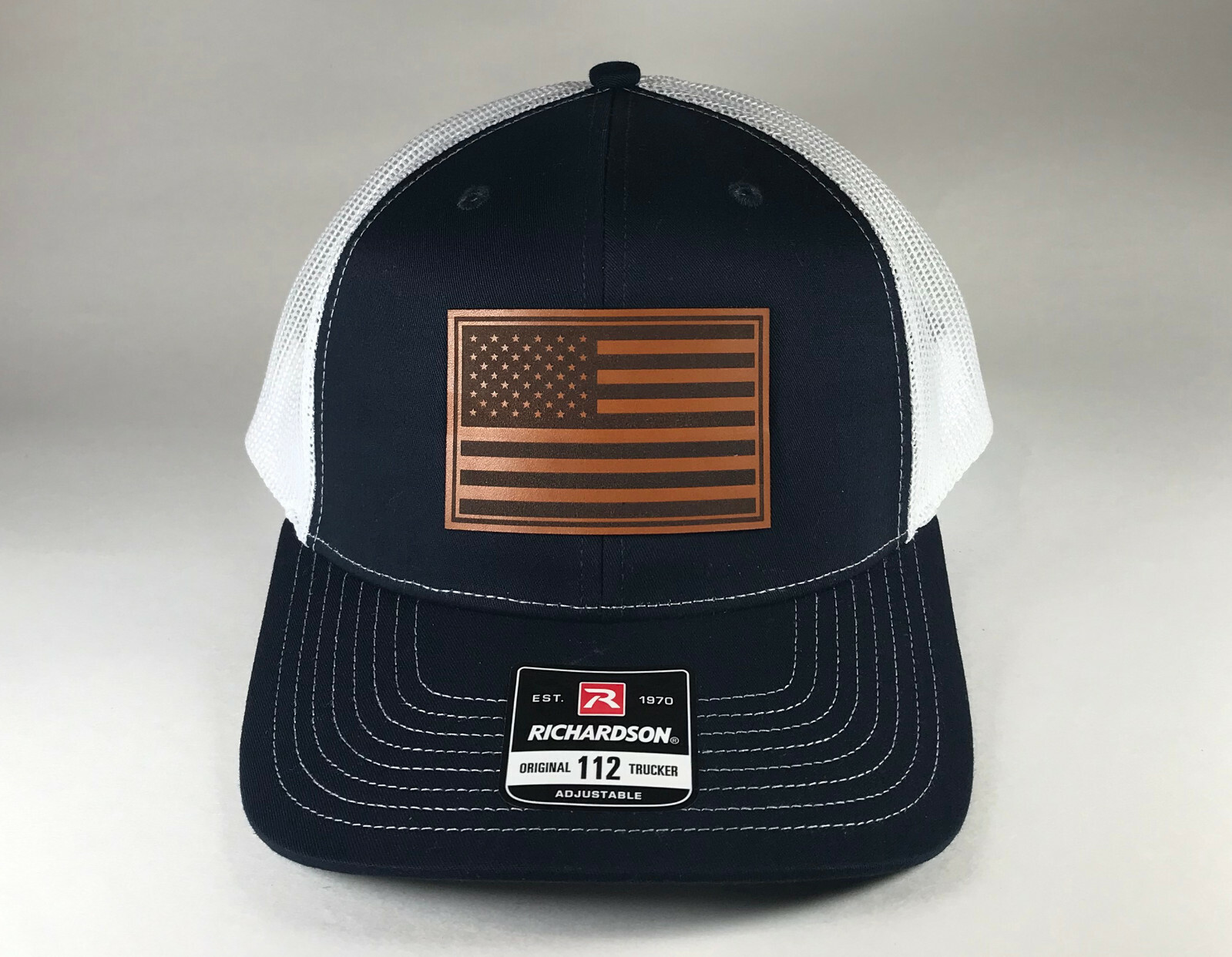 Richardson 112 American Flag 6 Panel Snapback Trucker Mesh Hat Leather Patch