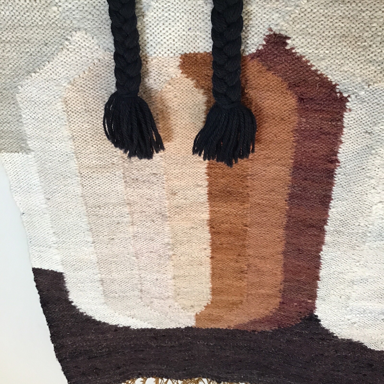 Vintage Woven Wool Tapestry Wall Hanging Peruvian Hats Braids Abstract