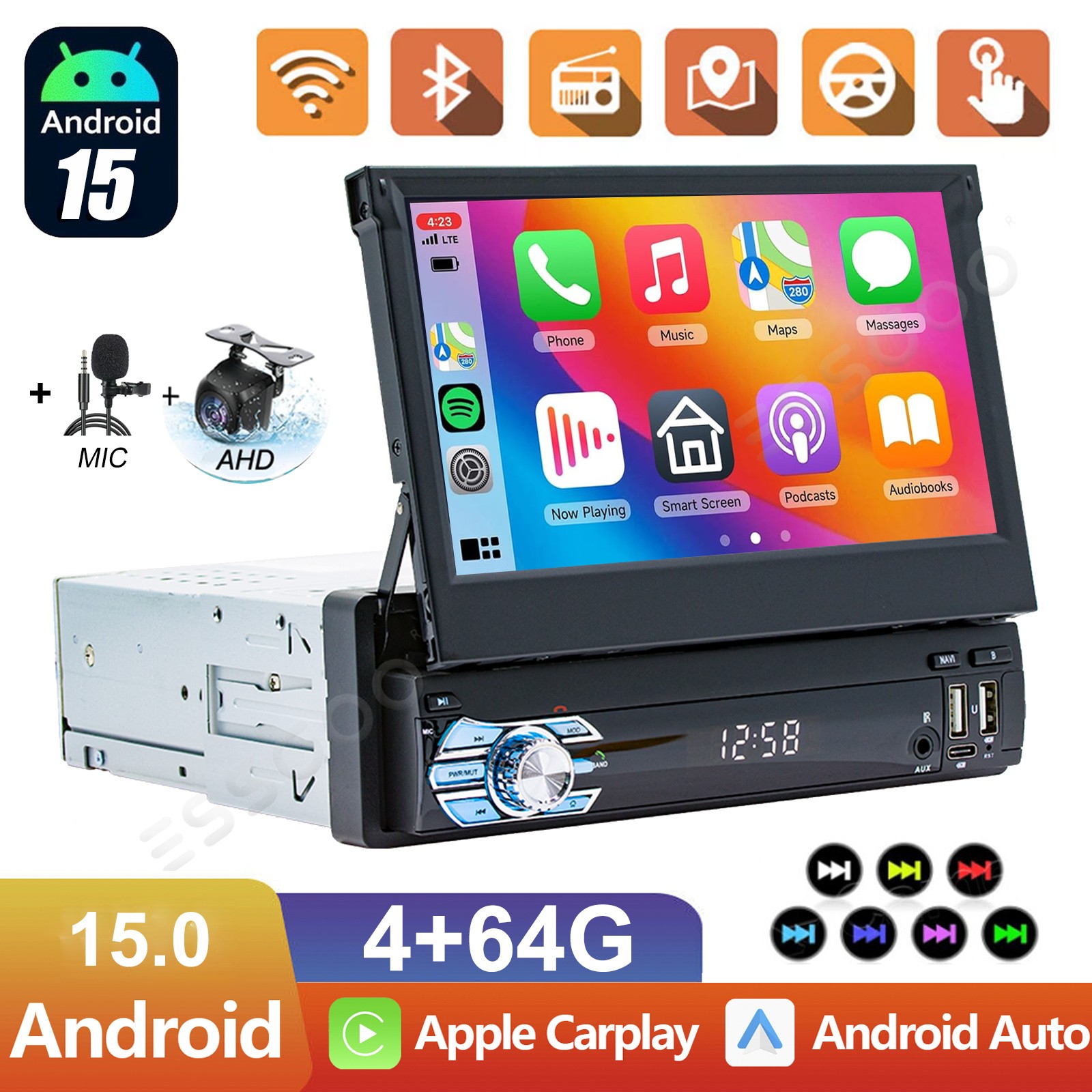 7" Single 1 DIN Car Stereo Flip Out Touch Screen Radio Apple Carplay Android 15
