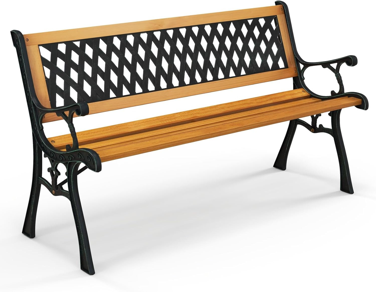 Outdoor Garden Bench Park Bench, Patio Bench Chair with Cast Iron & Hardwood Str
