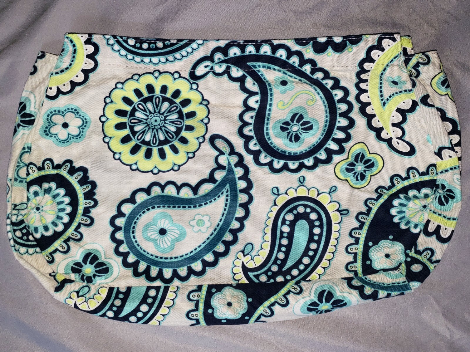 Thirty-One Mini Skirt Purse Cover Grey Green Paisley Flowers Print Hippy Spring