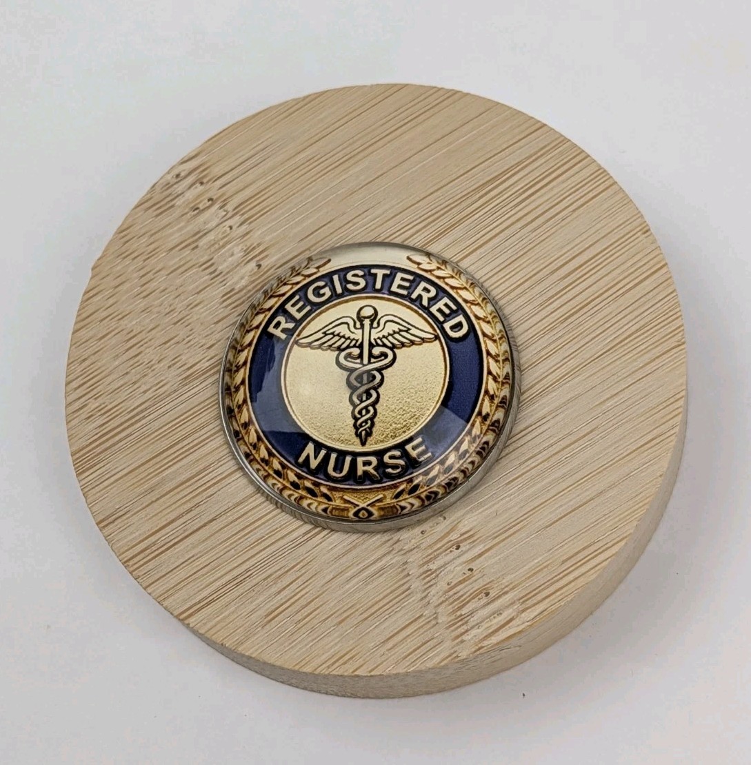 Bottle Opener, BAMBOO Round w/ REGISTERED NURSE 3D Emblem, Magnetic, NEW