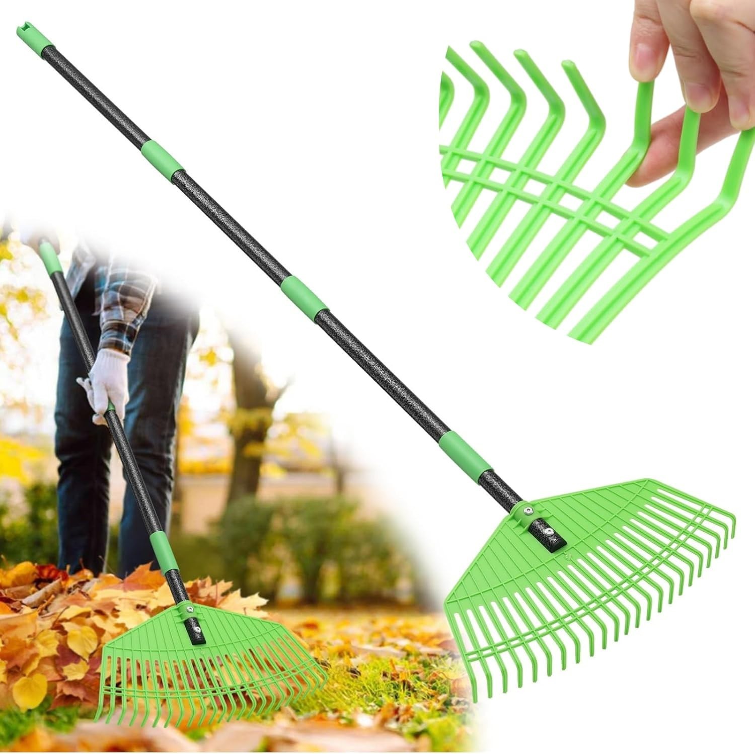 Plastic Leaf Rake with Adjustable 65'' Handle - Lightweight Outdoor Yard Rakes f