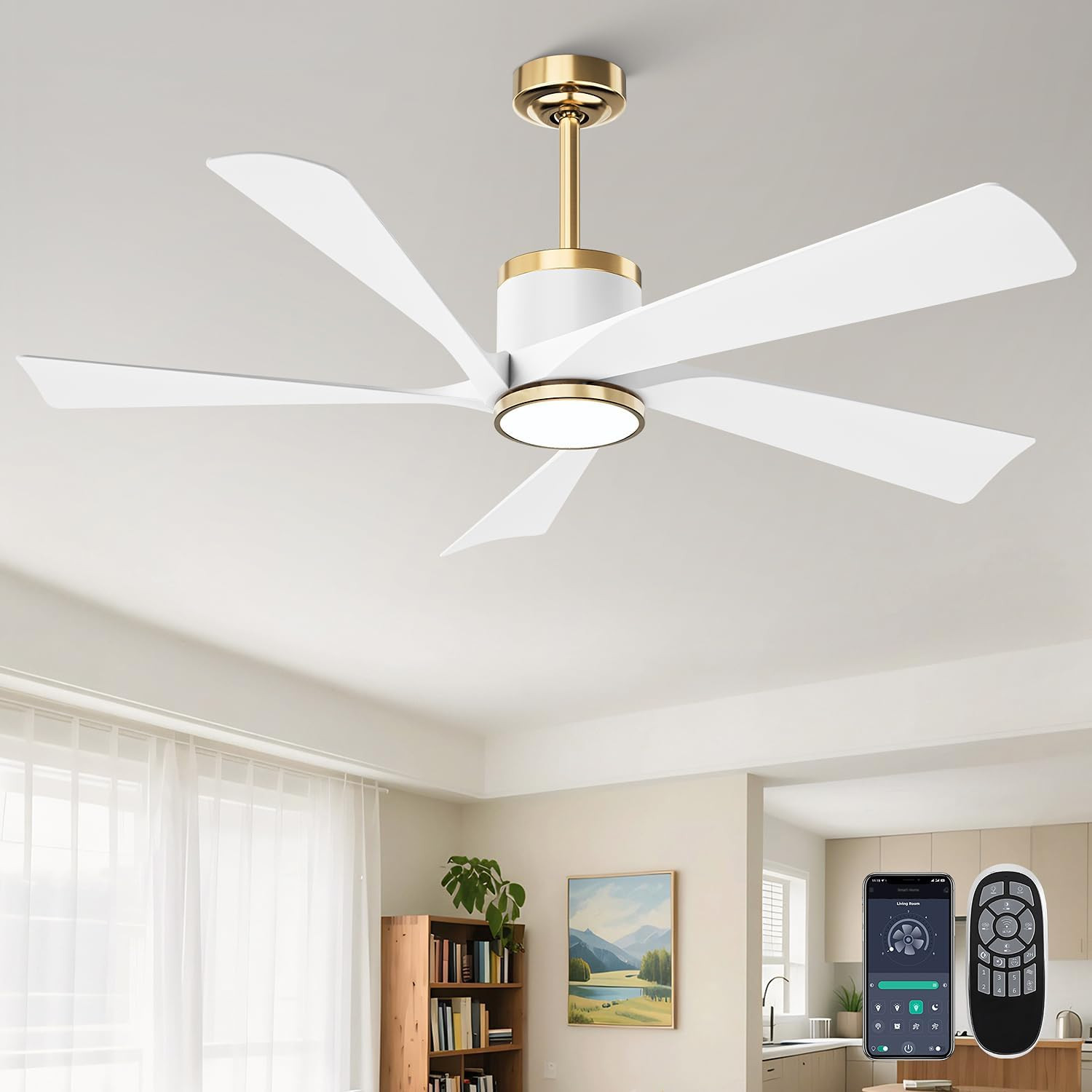 Stylish 52" Ceiling Fan with Dimmable LED Lights & Remote - White & Gold