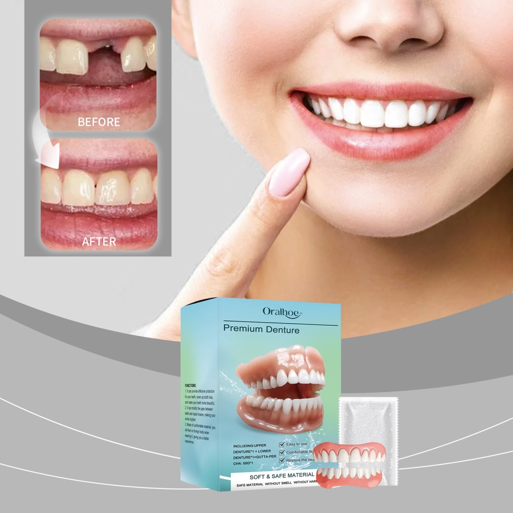 DIY Full Denture Set,Soft & Safe Moldable False Teeth Set,Upper & Lower Braces