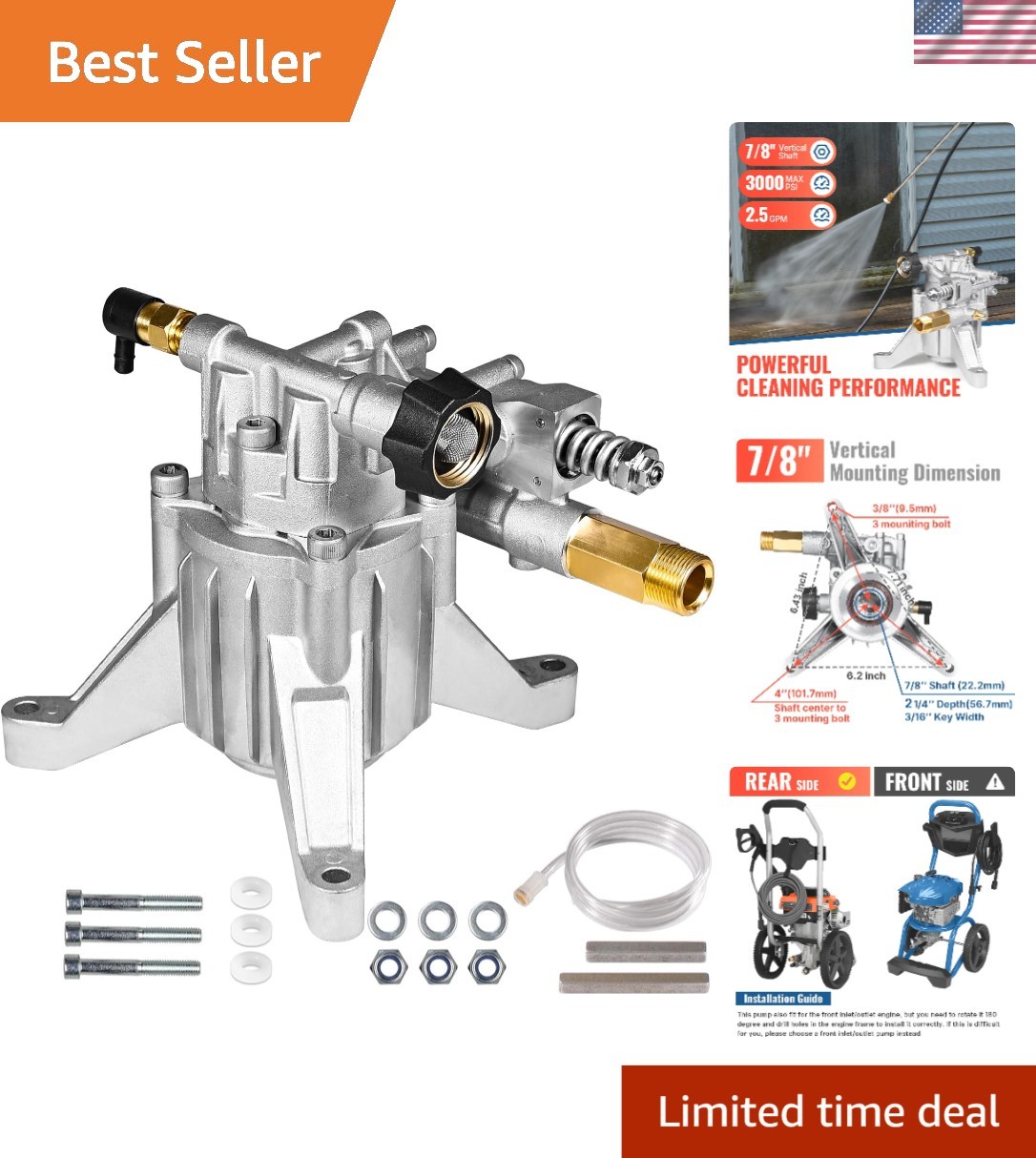 Maintenance-Free Pressure Washer Pump 3000 PSI - 7/8" Shaft, Easy Setup Included