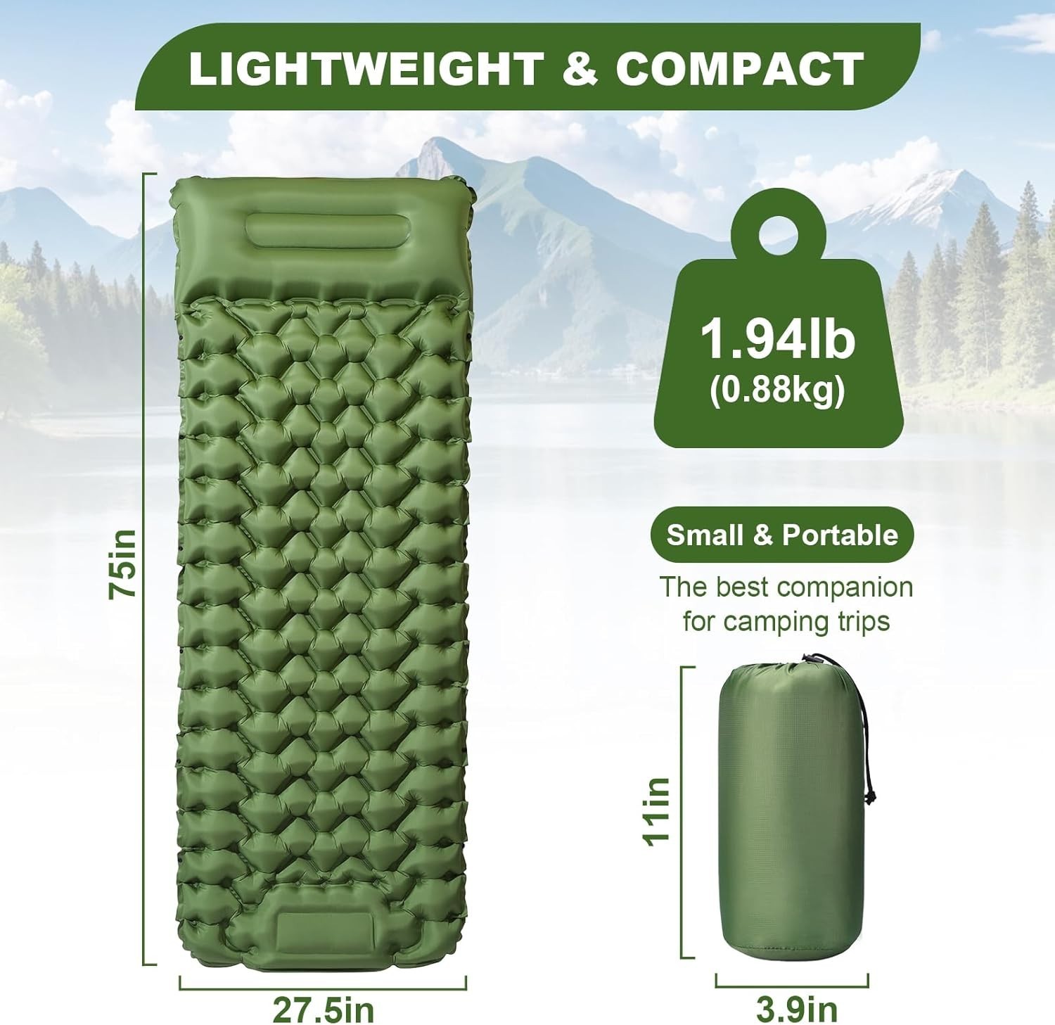Sleeping Pad for Camping - 4” Thick Inflatable Camping Mattress with Built-In Pu