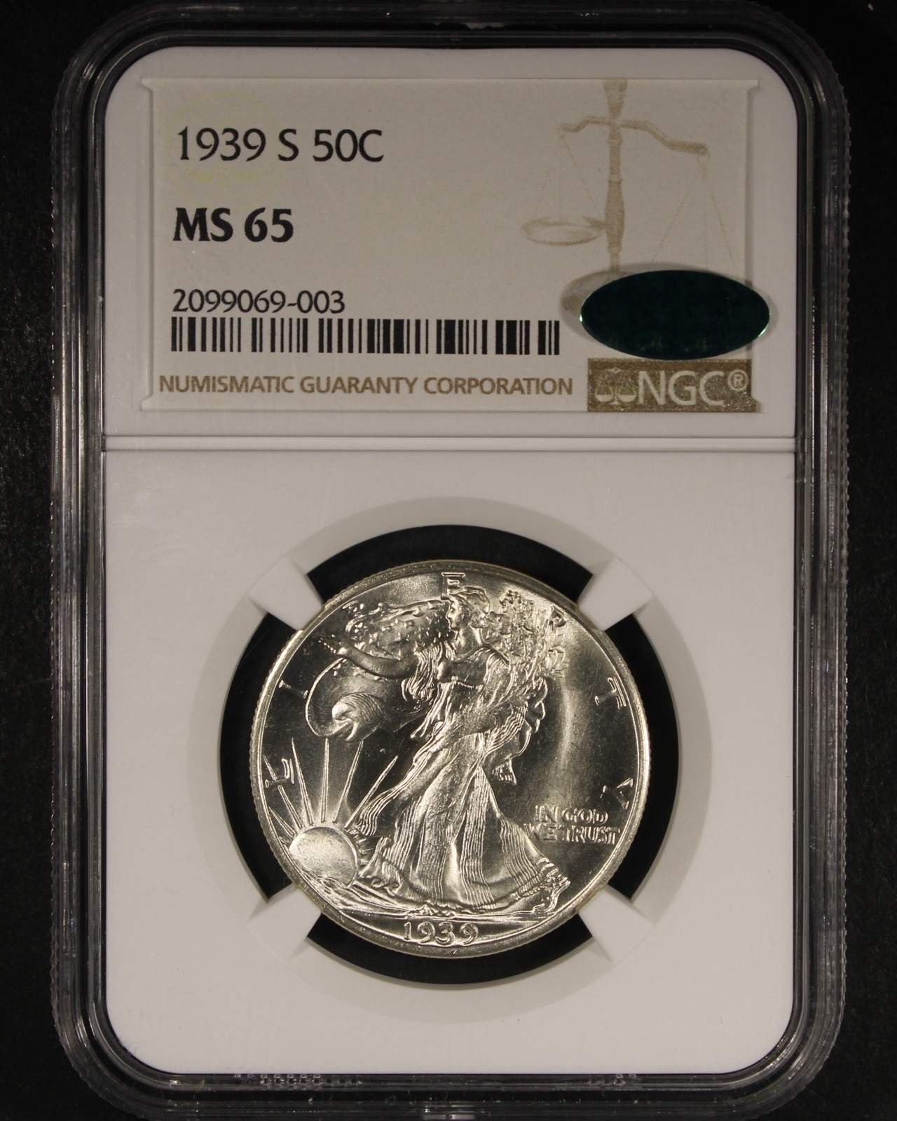 1939-S Walking Liberty Half Dollar - 50c NGC MS65 CAC ✅ - Lustrous Example!