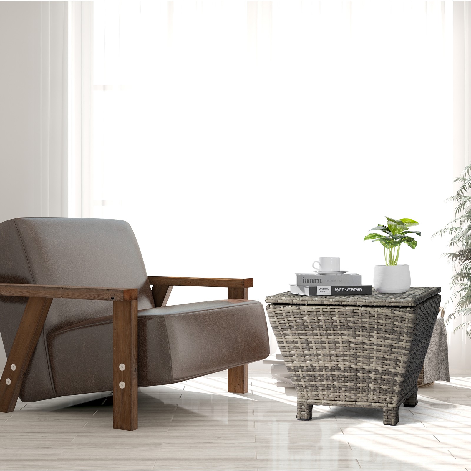 Outdoor PE Wicker Side Table with Storage, Small Patio Storage Bin Container