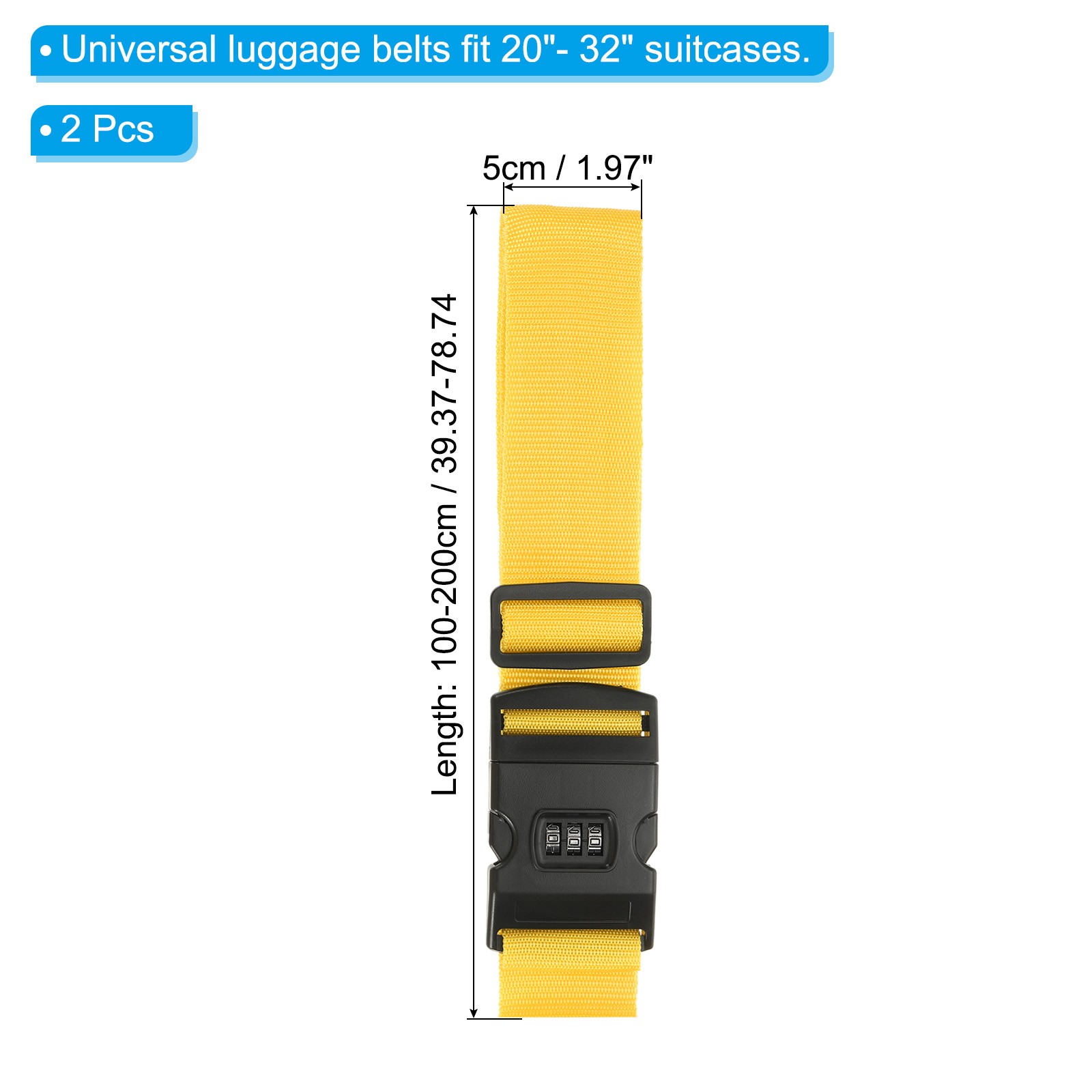 2Set Luggage Straps with Combination Lock TSA Approved Yellow