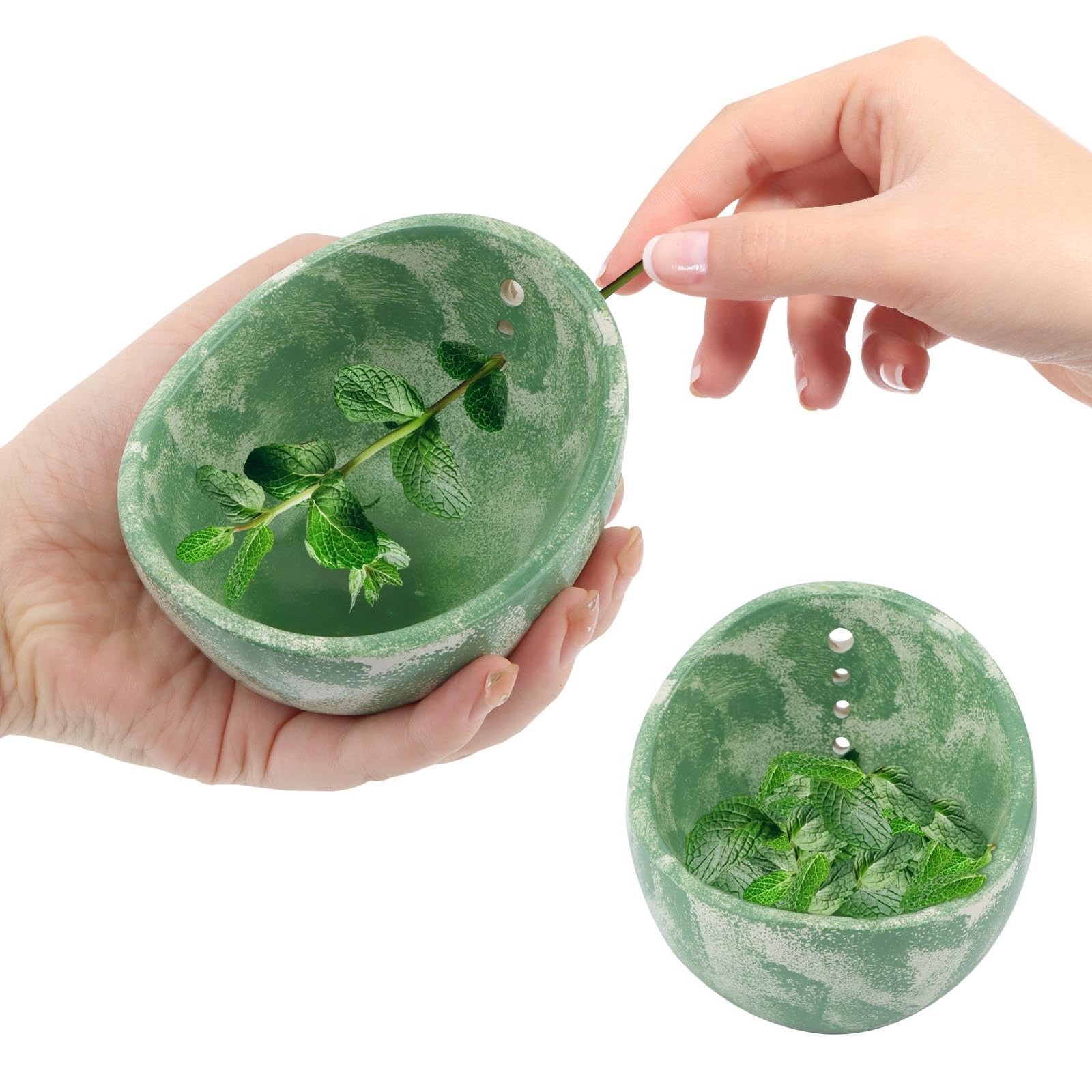 Pottery Herb Stripper Bowl Tool with 4 Holes, Ceramic Leaf Remover for Kale, ...