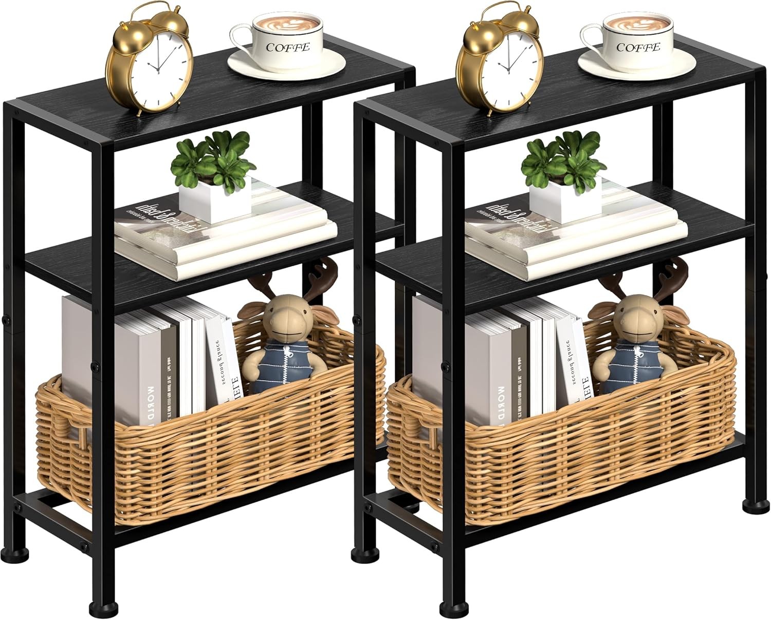 Narrow Side Table Set of 2 Small Space 2-Tier Small End Table W/ Shelf Holder