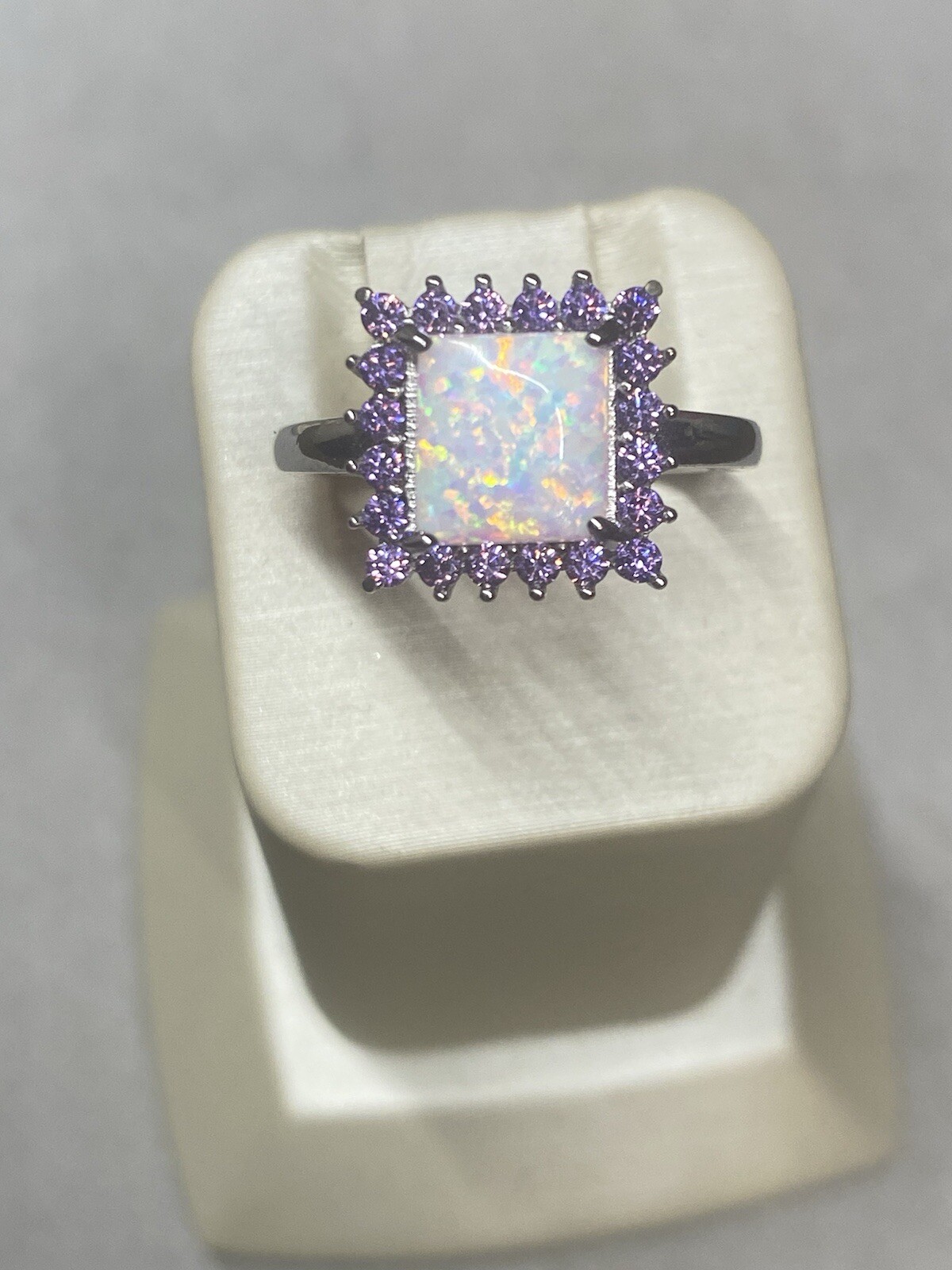 Sterling Silver Created Opal And Amethyst CZ Ring Rhodium Plated
