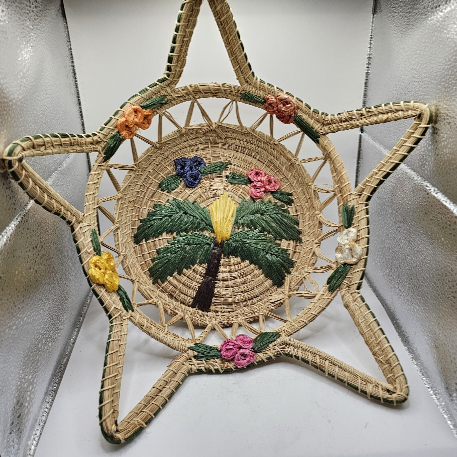 Handwoven Star Basket Straw With Floral Design Boho