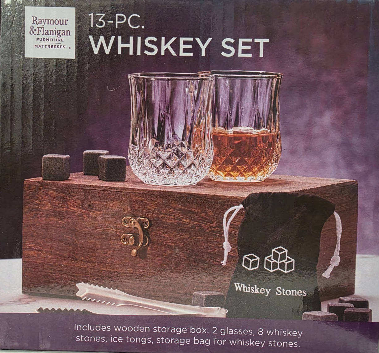 Whiskey Set 13 Pcs., 8 Whiskey Stones/2 Drink Glass/Tongs/Storage Bag, Wood Box