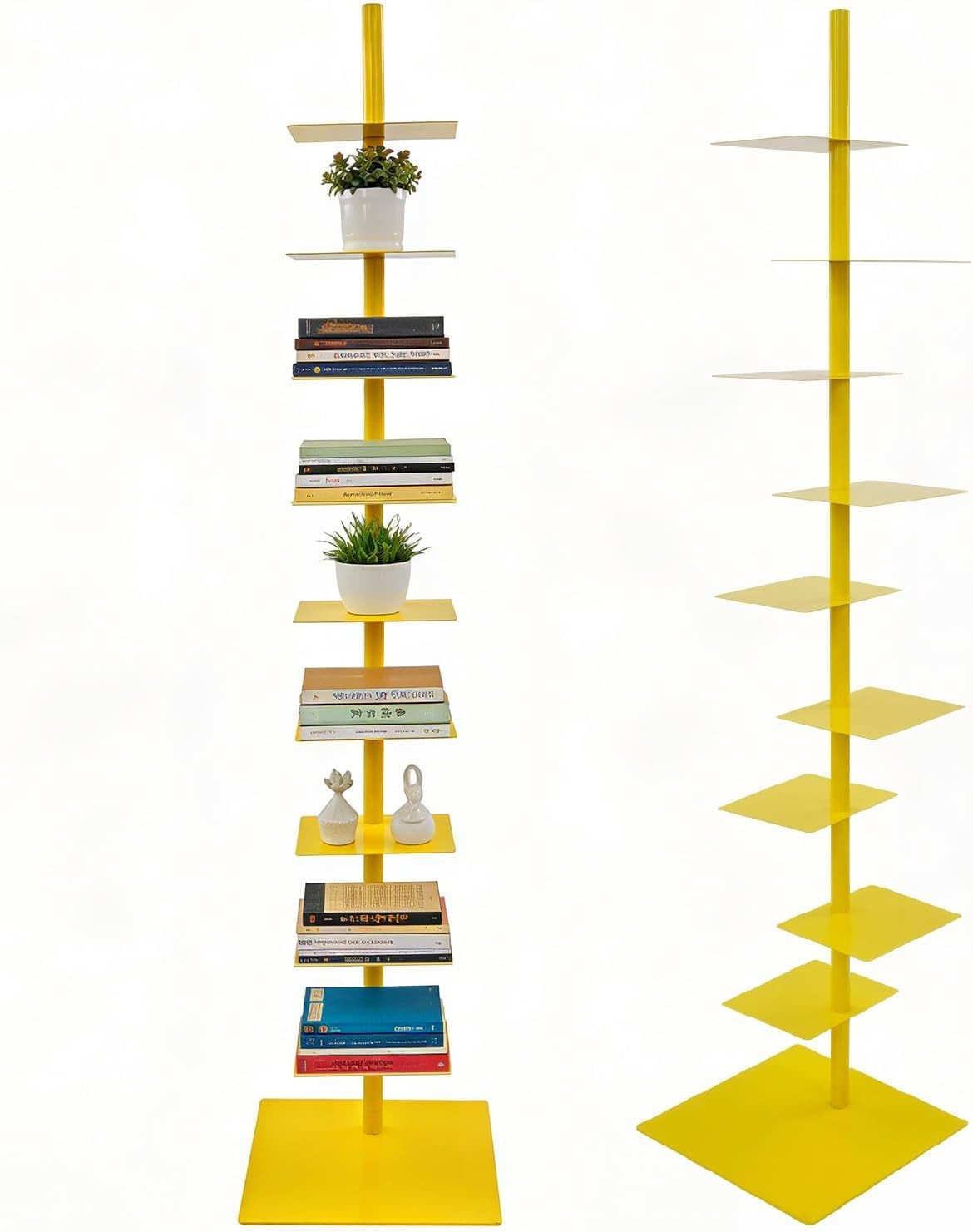 Modern 9-Tier Narrow Spine Bookshelf - Adjustable Metal Rotating Tower (Yellow)