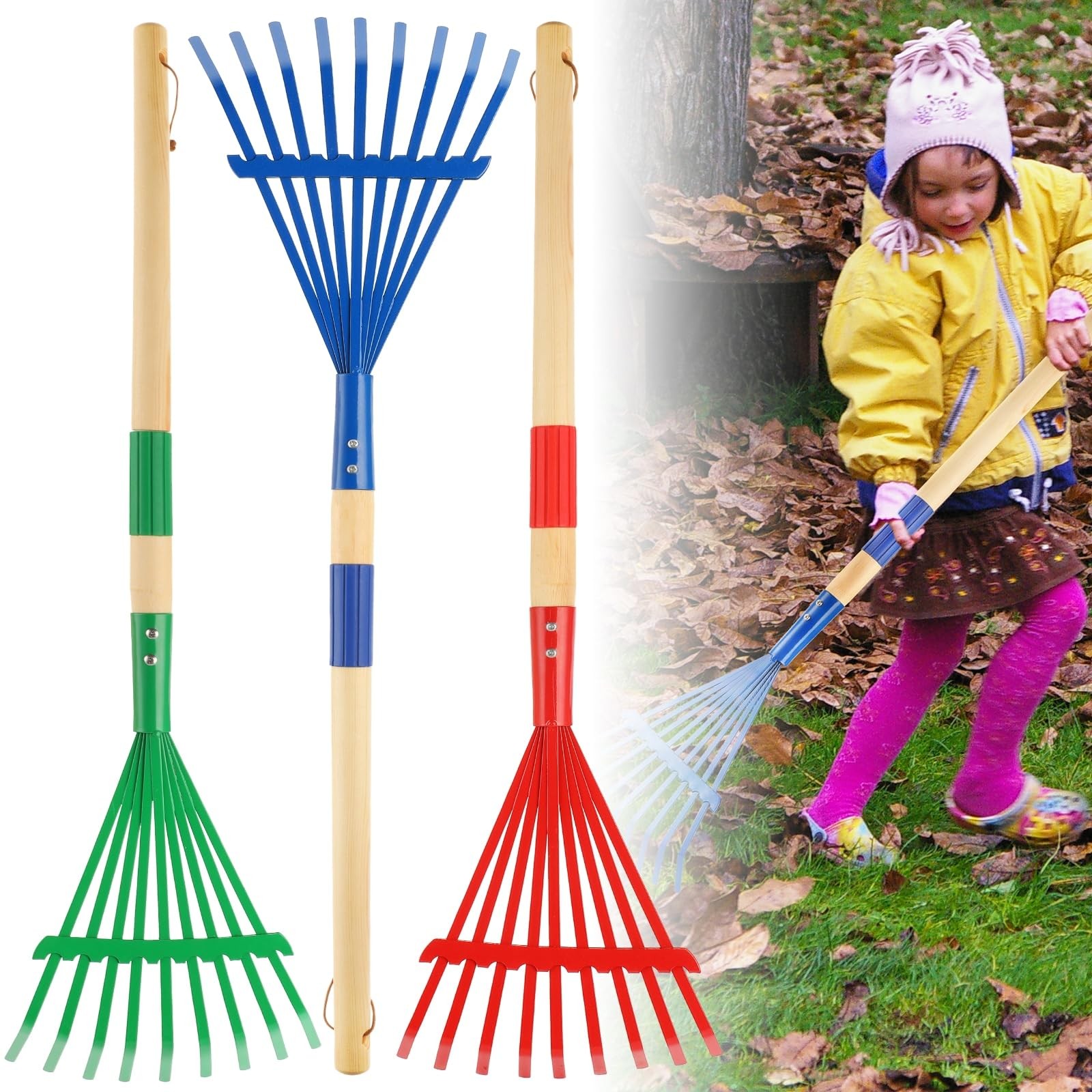 3 PCS 28 Inch Kids Leaf Rakes Metal Head Hardwood Handle Child Size Lawn