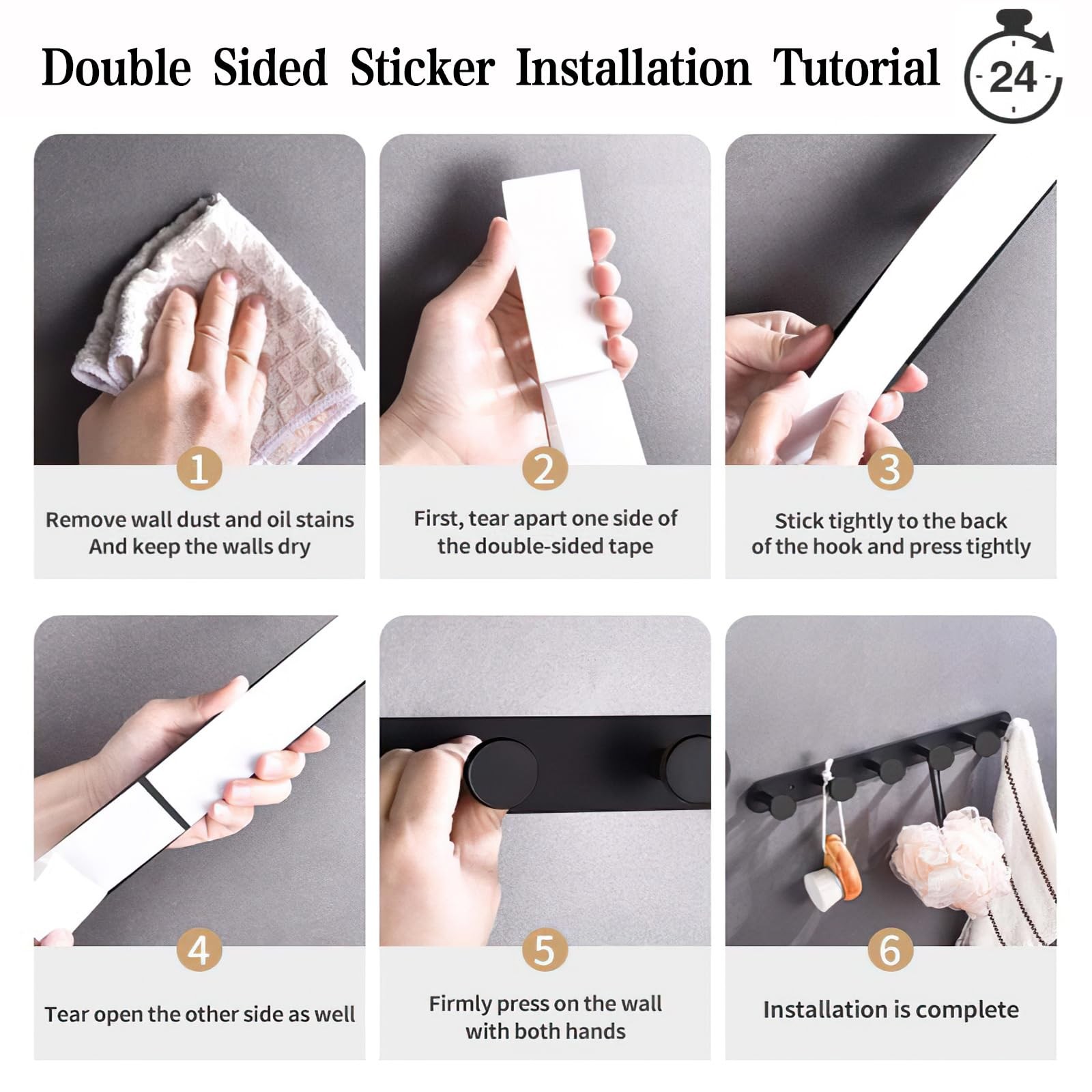 Coat Hooks Wall Mounted, Black Rack with 5 Adhesive & Screw
