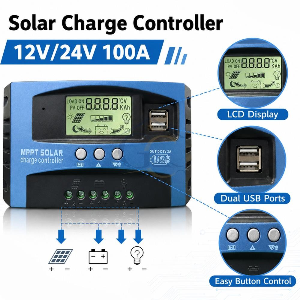 MPPT Solar Charger Controller Battery Regulator Dual USB LCD Display (100A)