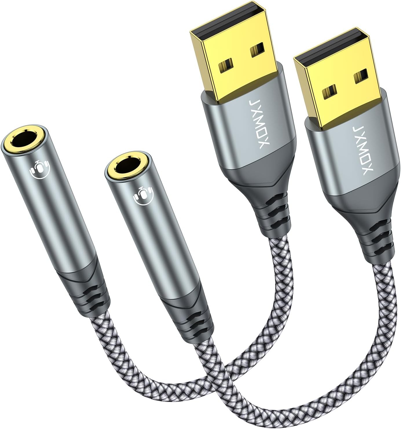 JXMOX USB to 3.5mm Audio Adapter (2-Pack) - USB-A 6 inch, 2-Pack