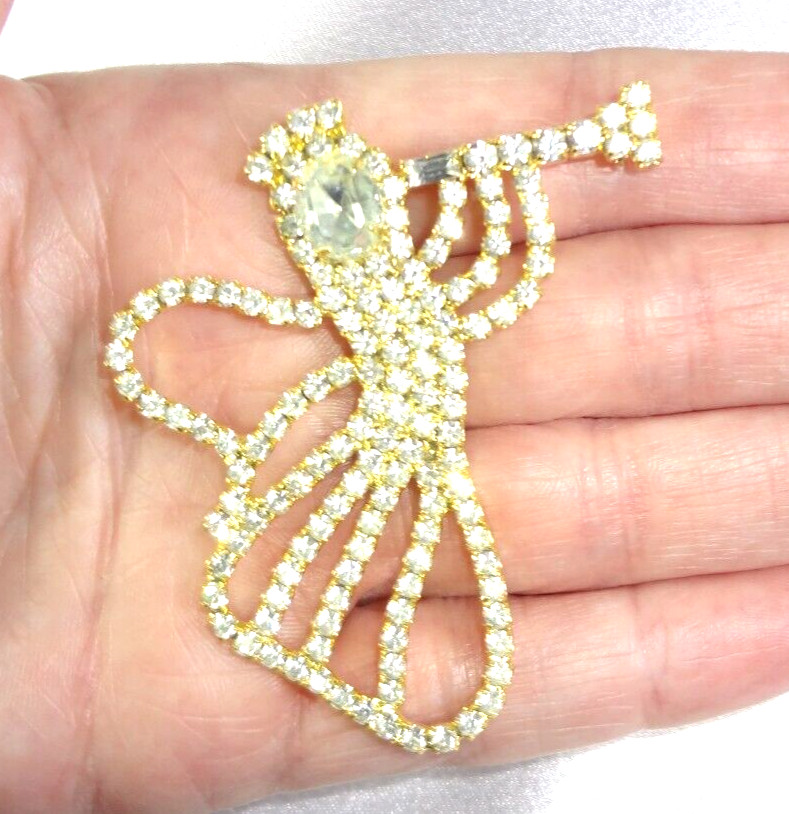 Vintage Angel Blowing Trumpet Sparkly Pave Prong Set Rhinestones Brooch /Pin!