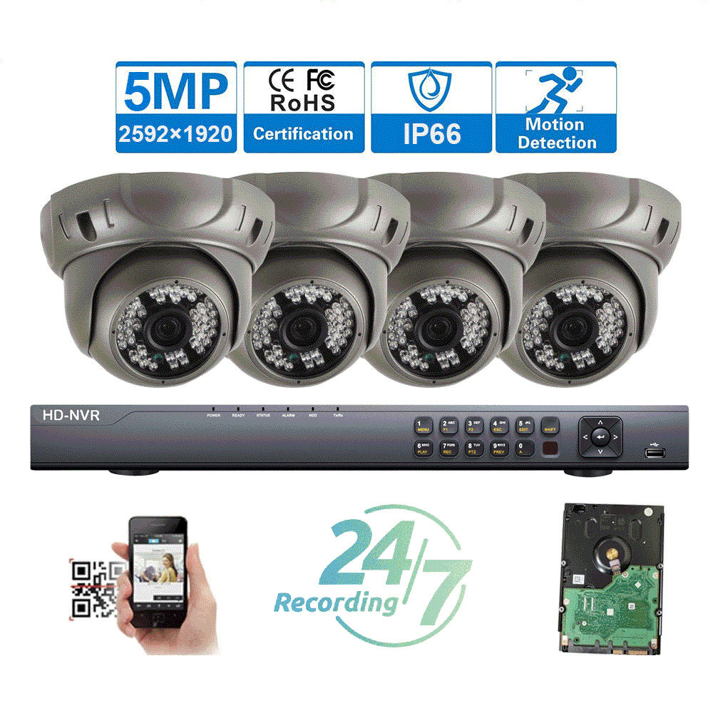 4CH H.265 NVR Sony CMOS 2592P 5MP PoE 48IR IP IP66 ONVIF Security Camera 7ty71
