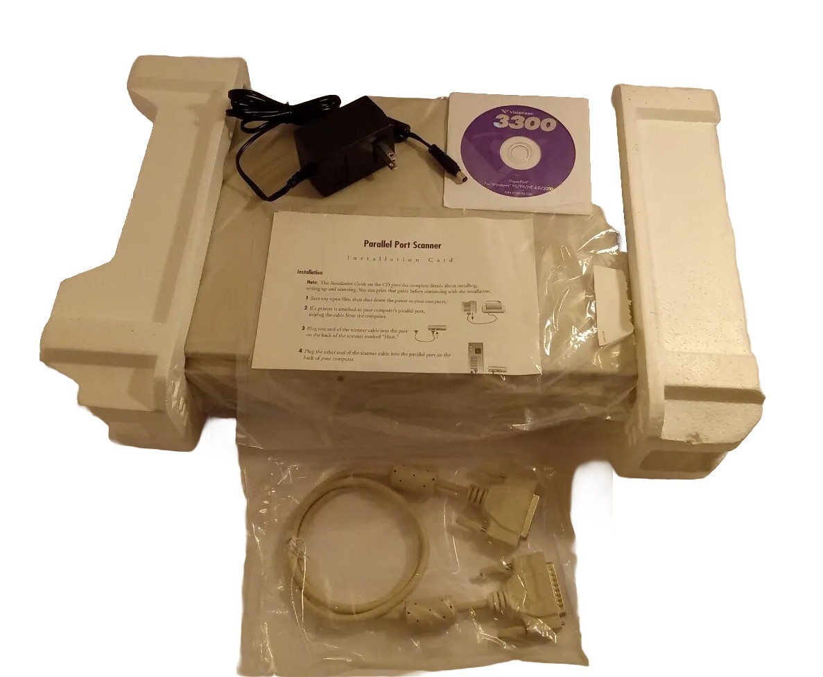 VISIONEER 3300 FLATBED SCANNER - NEW IN BOX - PARALLEL PORT, COMPLETE.
