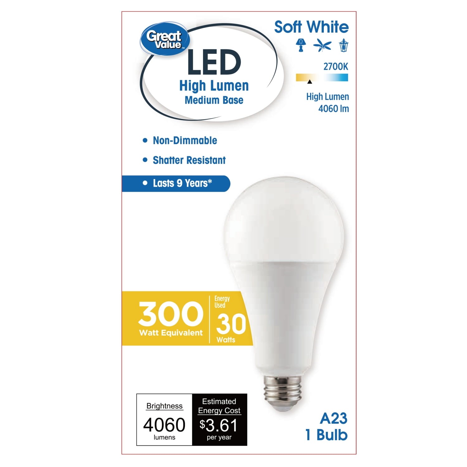 (2 pack) High Output A23 LED Light Bulb, 30-Watt (300W Equivalent), Soft White