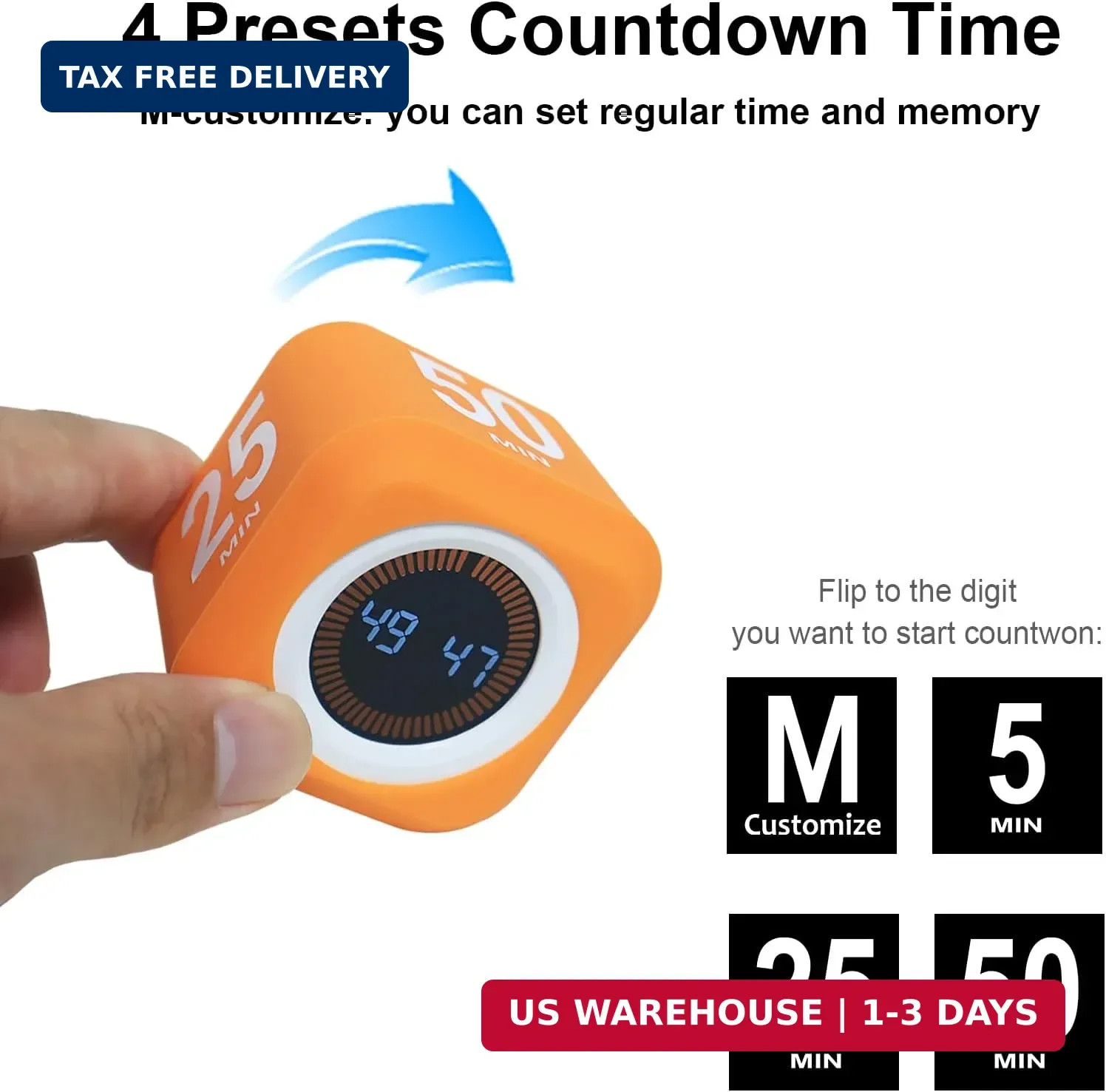 Rotating Cube Visual Pomodoro Timer 5, 25, 10 50 Minutes Preset + Custom Countdo