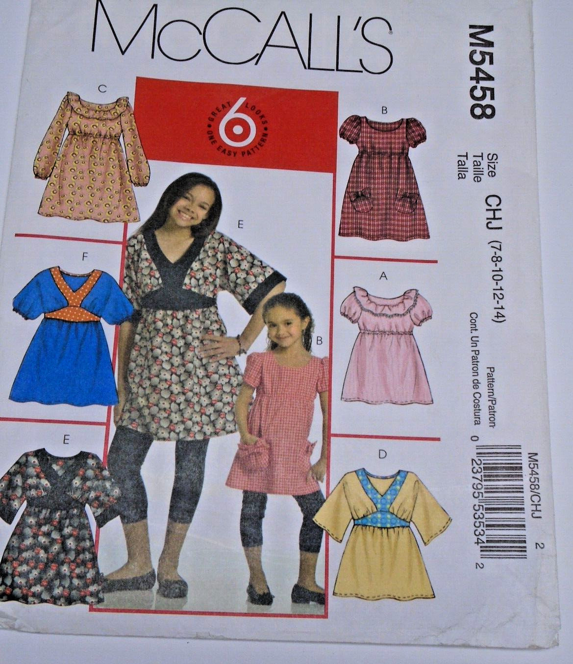 McCall's 5458 Teen/Child Pullover Dress, Top,  Sz 7, 8, 10, 12, 14 Uncut