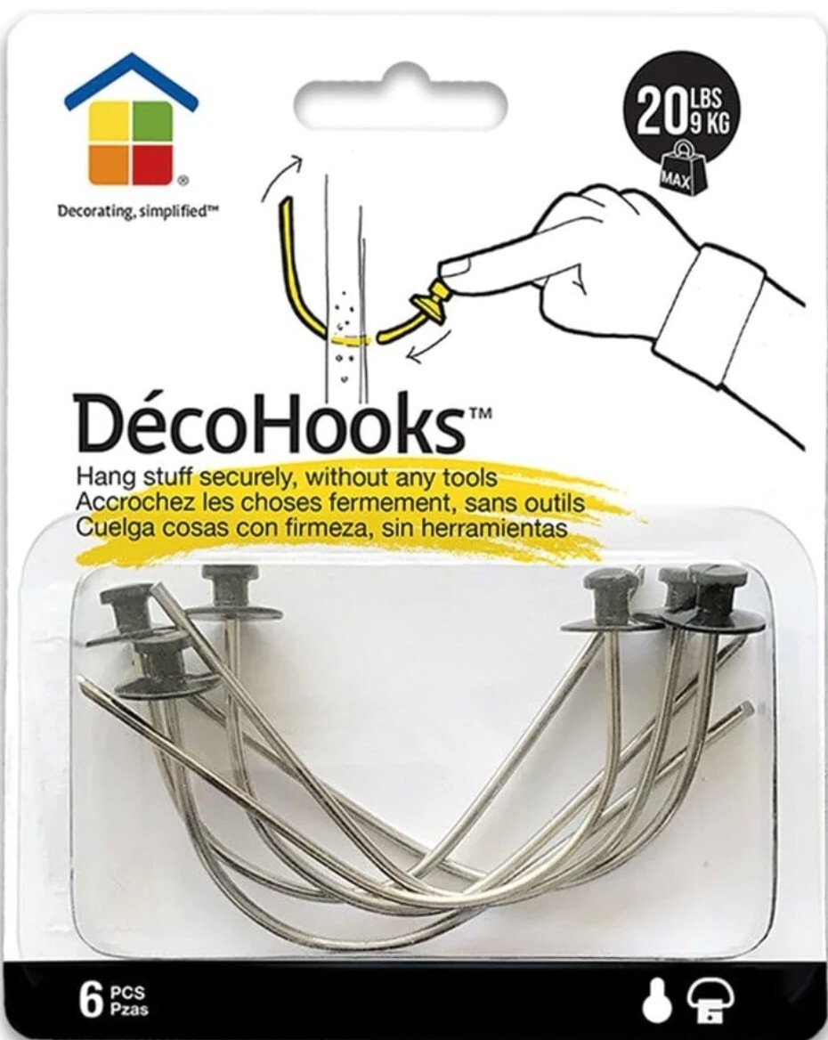 6Pk DecoHooks Drywall Picture Hangers Holds 20lbs Strong Secure Hanging System