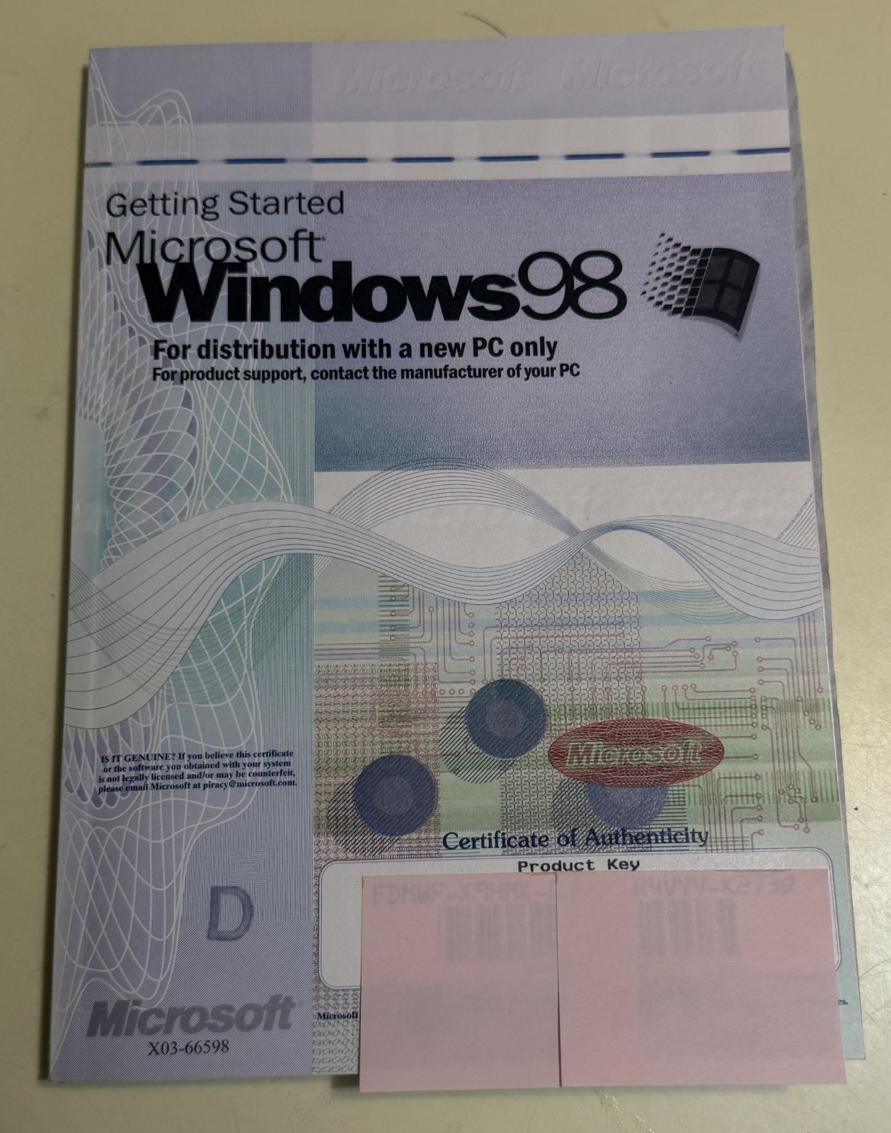 MICROSOFT WINDOWS 98 Product Key Only - No Disc