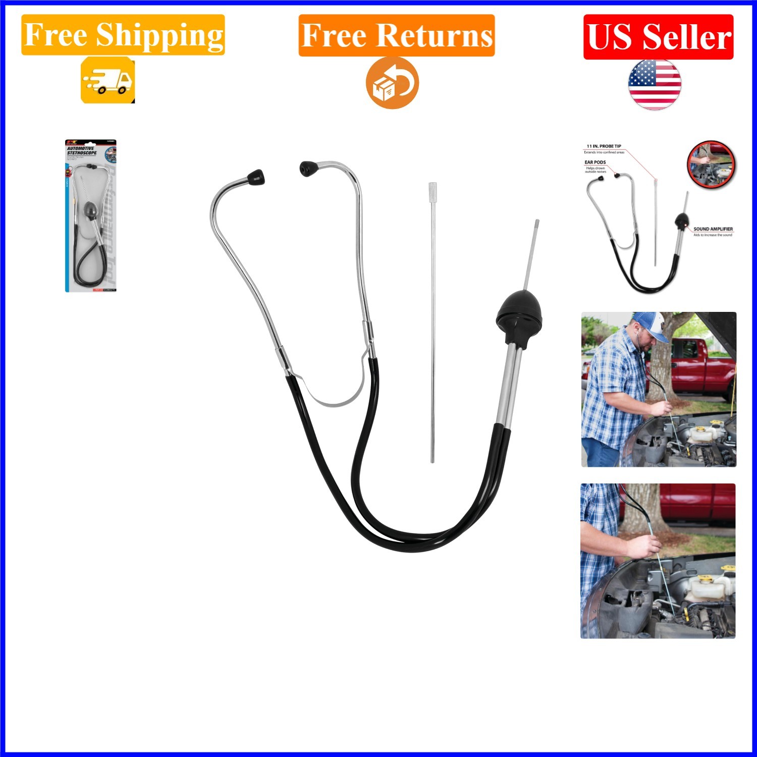 Automotive Stethoscope Black & Silver, 11-inch Probe, Metal