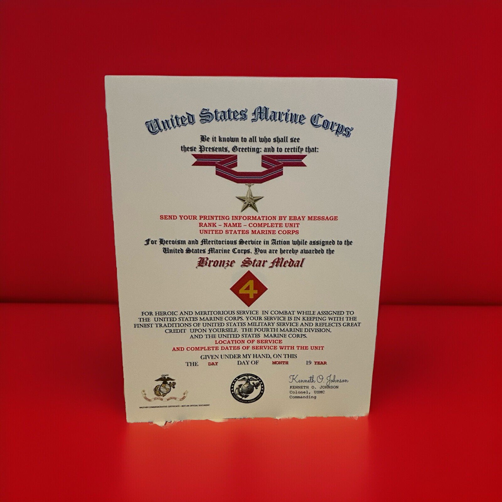 U.S.M.C. / BRONZE STAR MEDAL CERTIFICATE - 4TH MARINE DIVISION