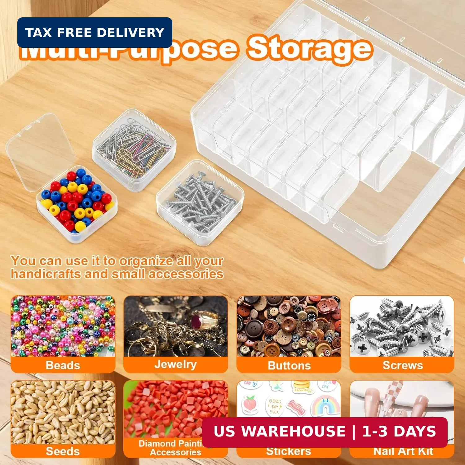 Bead Organizer Box, 30 Pcs Clear Plastic Storage Containers Features Hinged Lid