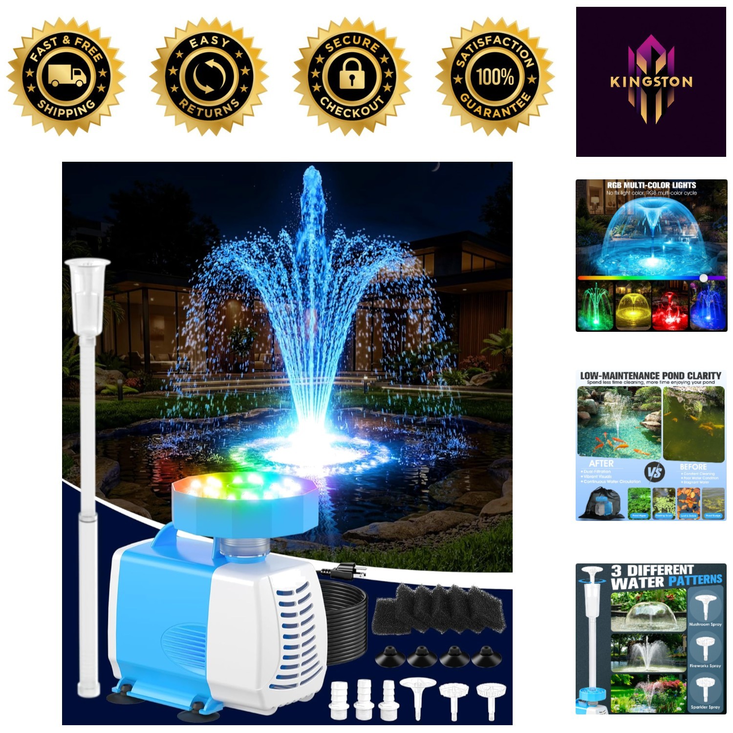 High Flow RGB Submersible Water Pump for Ponds & Aquariums - Ultra-Quiet