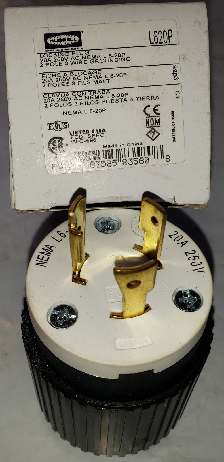 Hubbel L620P Locking Plug 20A 250V NEMA L 6-20P